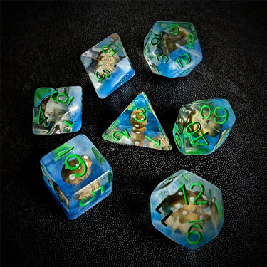 Brown Mashroom in Clear & Blue Resin - 7pcs RPG Full Dice Set